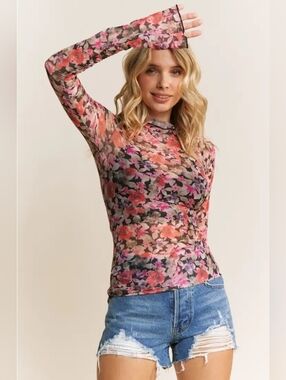 Floral Mesh Long Sleeve Top - Pink Multi